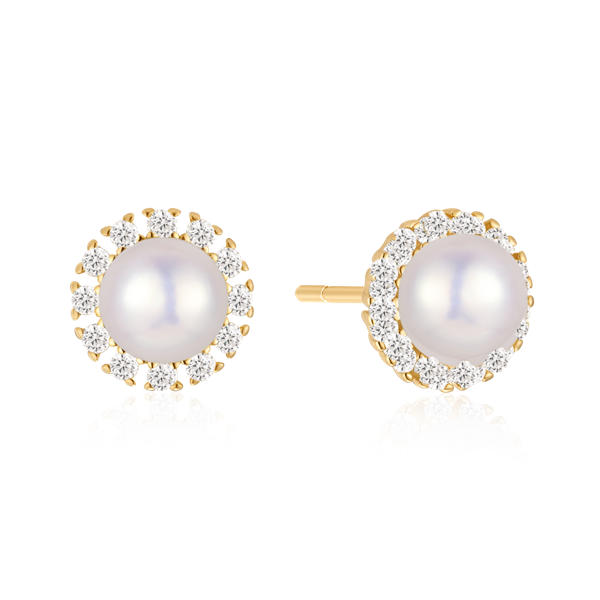 Gold-colored earrings with a central pearl and halo of clear stones from Støvring Design.