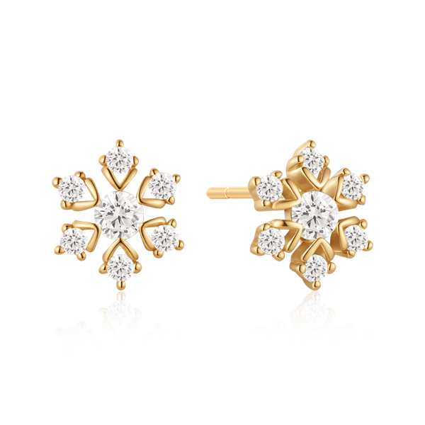 Gold floral earrings with central and surrounding stones, resembling a flower, with post back fastening.