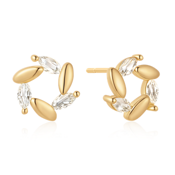 Circular earrings with gold ovals, clear stones, and post-back closure from Støvring Design.