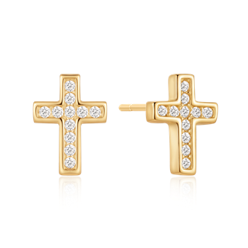 Gold cross-shaped earrings with polished finish, adorned with small, round stones.