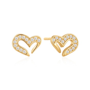 Heart-shaped, gold stud earrings with small round stones and polished finish.