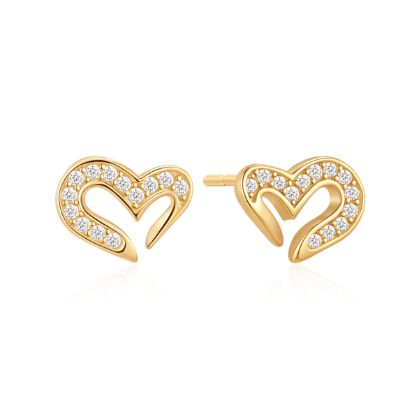 Heart-shaped, gold stud earrings with small round stones and polished finish.