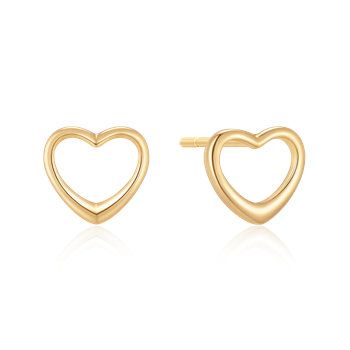 Gold-colored heart-shaped stud earrings with reflective surface below.