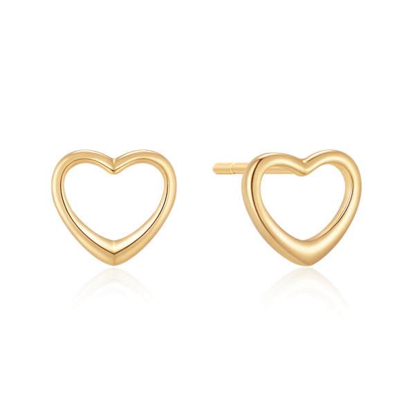 Gold-colored heart-shaped stud earrings with reflective surface below.