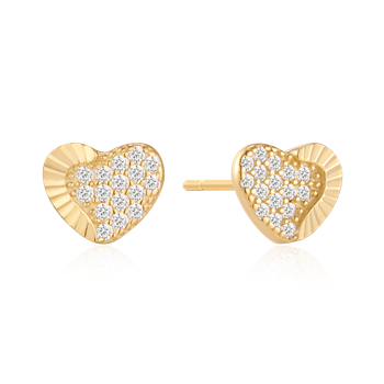 Gold heart-shaped earrings with textured sides and central cluster of clear stones.