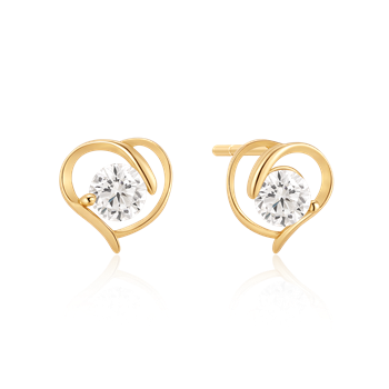 Gold swirl earrings with central sparkling gemstones, reflecting light on a white background.