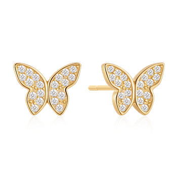 Gold butterfly earrings with small round stones, stud and post design, from Støvring Design.