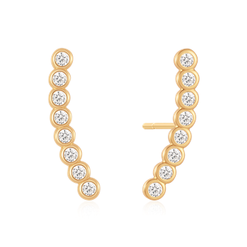 Gold-colored curved earrings with rows of round stones, symmetrical and elegant in design.