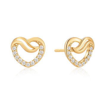Gold heart earrings with wave design, adorned with small stones on edges, by Støvring Design.