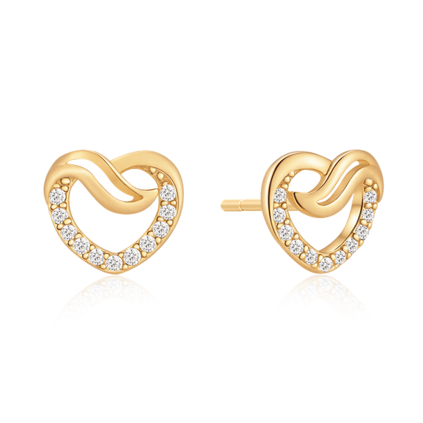 Gold heart earrings with wave design, adorned with small stones on edges, by Støvring Design.