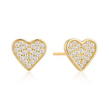 Gold-plated heart-shaped earrings with sparkling stones, reflecting light on a white background.