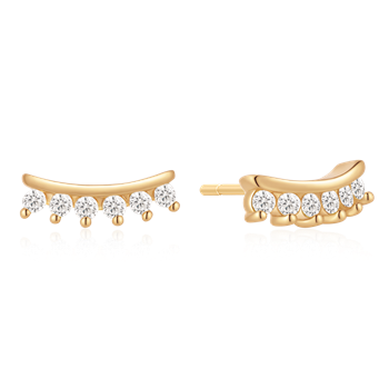 Curved gold earrings with small round stones and polished finish, designed for pierced ears.