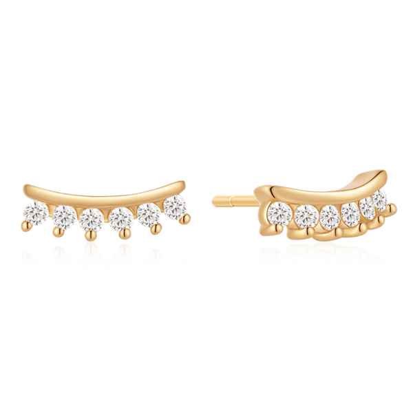 Curved gold earrings with small round stones and polished finish, designed for pierced ears.