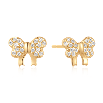 Gold bow-shaped stud earrings with clear stones and polished finish, side view of fastening visible.