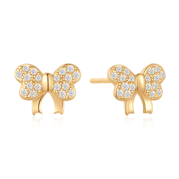 Gold bow-shaped stud earrings with clear stones and polished finish, side view of fastening visible.