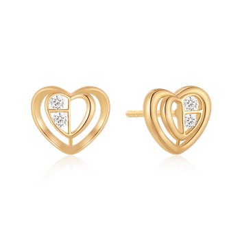 Gold heart-shaped earrings with open design, two embedded stones, and a polished, reflective finish.
