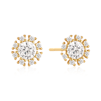 Gold earrings with central round stone, surrounded by smaller stones in a circular design.