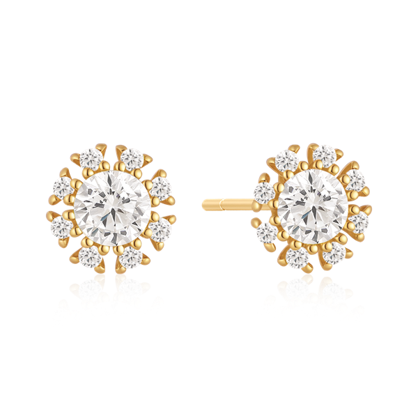 Gold earrings with central round stone, surrounded by smaller stones in a circular design.