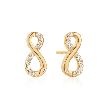 Gold infinity earrings with clear stones, reflective finish, on a white background.