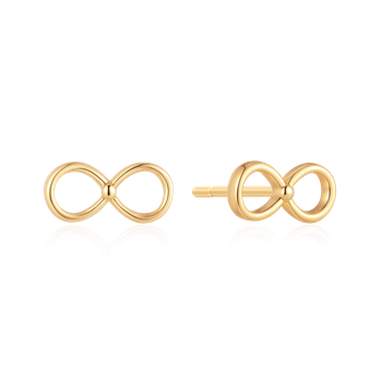 Gold-finished stud earrings with infinity symbol design and post back, reflecting light elegantly.