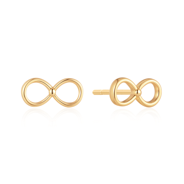 Gold-finished stud earrings with infinity symbol design and post back, reflecting light elegantly.