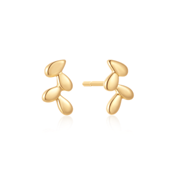 Gold earrings with three leaf-like segments connected vertically in a sleek design.