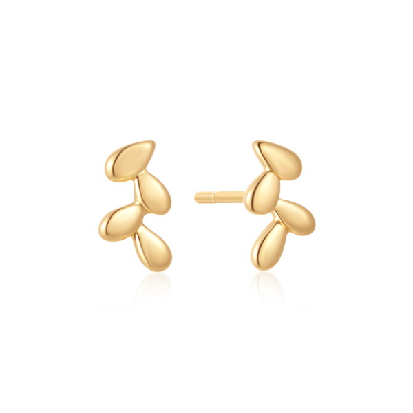 Gold earrings with three leaf-like segments connected vertically in a sleek design.