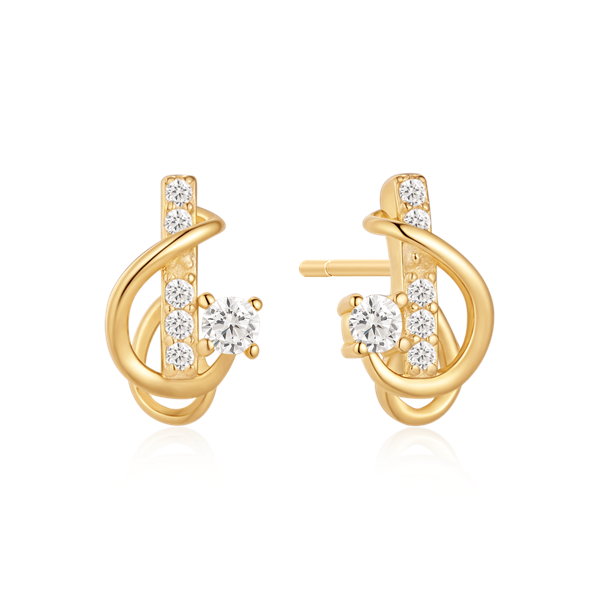 Gold loop earrings with vertical stones and a central larger stone.