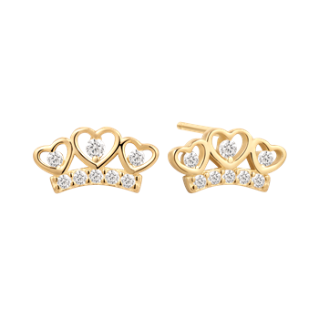 Gold earrings with heart shapes, each with a central stone, above a curved row of round stones.