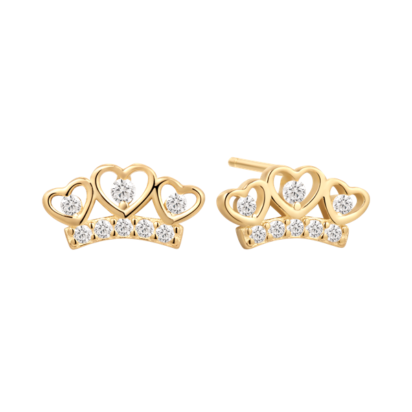 Gold earrings with heart shapes, each with a central stone, above a curved row of round stones.