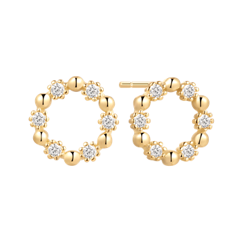 Gold earrings with circular design, alternating shiny gold and sparkling stones, visible post for attachment.