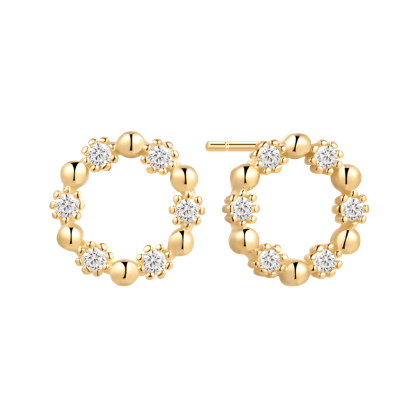 Gold earrings with circular design, alternating shiny gold and sparkling stones, visible post for attachment.