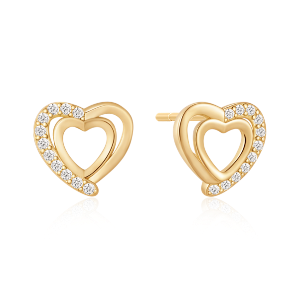 Heart-shaped stud earrings with open center, stone-adorned edges, and visible attachment posts.