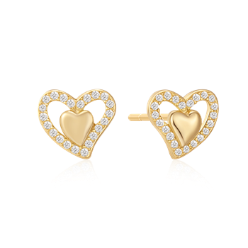 Gold heart-shaped earrings with stone-studded outline and solid heart center, reflecting light.