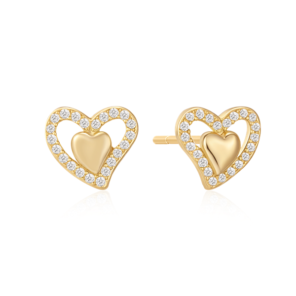 Gold heart-shaped earrings with stone-studded outline and solid heart center, reflecting light.