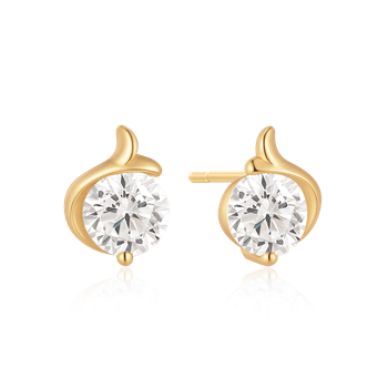 Gold-colored earrings with large clear stones and unique curved design, featuring a post fastening.
