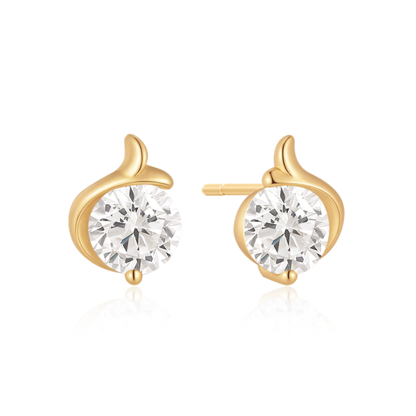 Gold-colored earrings with large clear stones and unique curved design, featuring a post fastening.