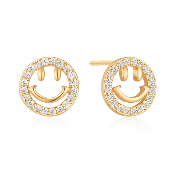Gold-toned smiley face earrings with gemstone-encrusted borders from Støvring Design.