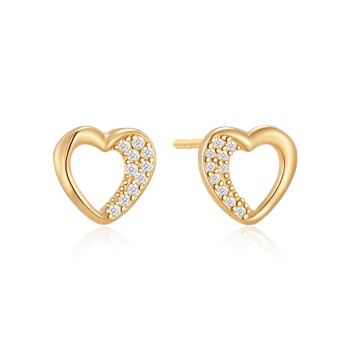Heart-shaped, gold earrings with small stones on one side, shiny and reflective from Støvring Design.