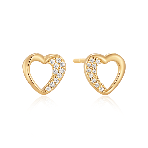 Heart-shaped, gold earrings with small stones on one side, shiny and reflective from Støvring Design.