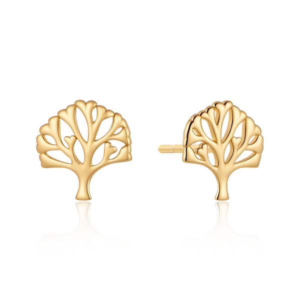 Tree-shaped silver-gilt earrings with detailed branches, polished shiny finish, and symmetrical design.