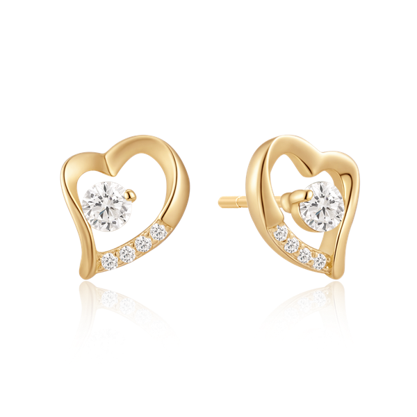 Gold heart earrings with central gemstone and smaller stones on one side.