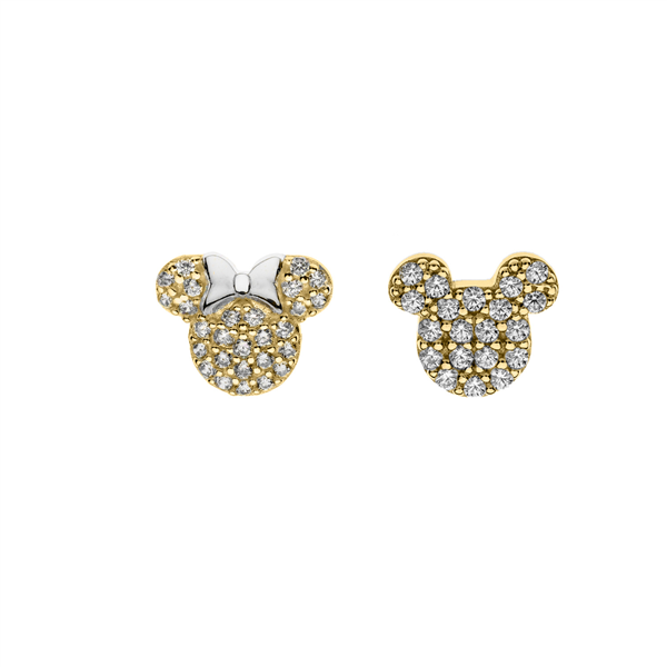 Gold-plated mouse-shaped stud earrings with clear stones, one with a bow, by Støvring Design.