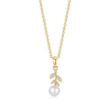 Silver-plated necklace with pearl and leaf-shaped pendant decorated with small sparkling stones.