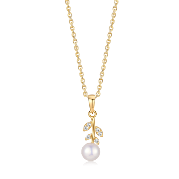 Silver-plated necklace with pearl and leaf-shaped pendant decorated with small sparkling stones.
