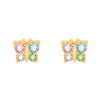 Gold butterfly earrings with pink, blue, white, and green stones from Støvring Design.