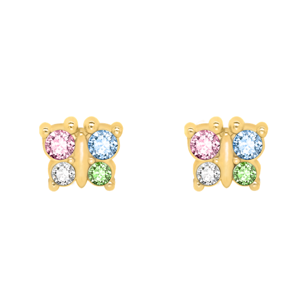 Gold butterfly earrings with pink, blue, white, and green stones from Støvring Design.
