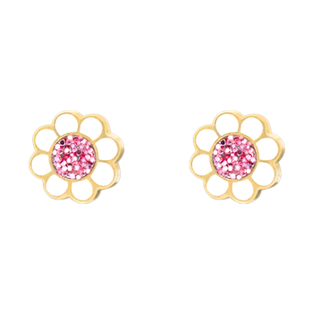 Gold flower-shaped stud earrings with pink stone centers from Støvring Design.