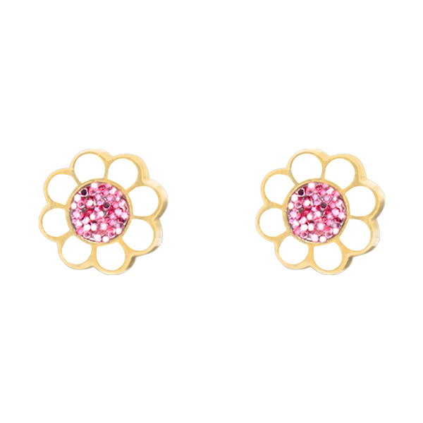 Gold flower-shaped stud earrings with pink stone centers from Støvring Design.