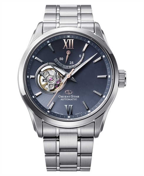 Silver Orient Star watch with blue dial, open-heart at 9 o\'clock, and power reserve sub-dial at 12.